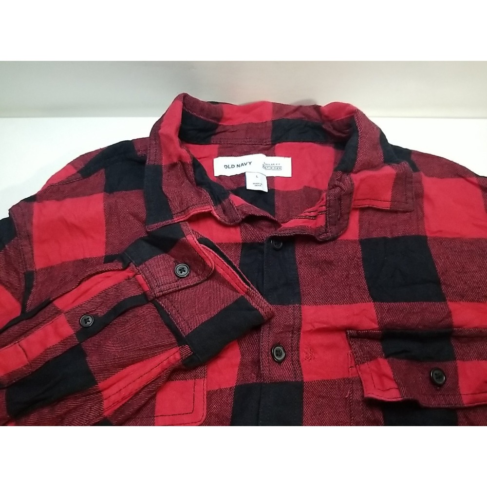 Old Navy Mens Regular Fit Flannel‎ Shirt Red Black Plaid Large Button Up